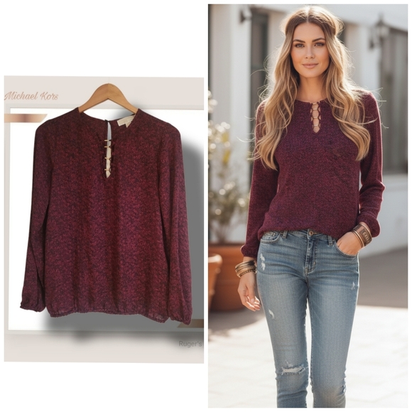 Michael Kors Tops - 🌿-Michael Kors Small Burgundy Snakeskin Blouse Gold Hardware Keyhole Bodice